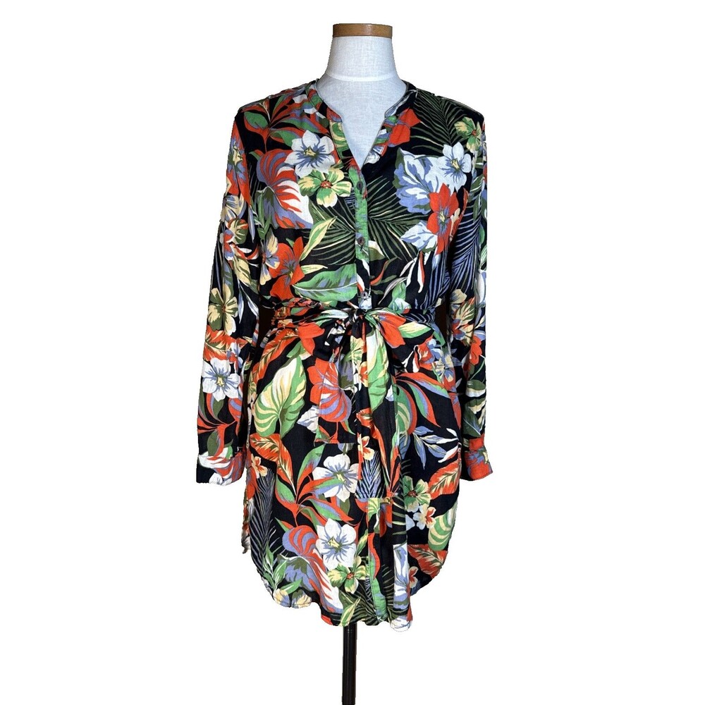 C&C California Linen Blend Shirt Dress Large Black Floral L/S Tropical Cover-Up